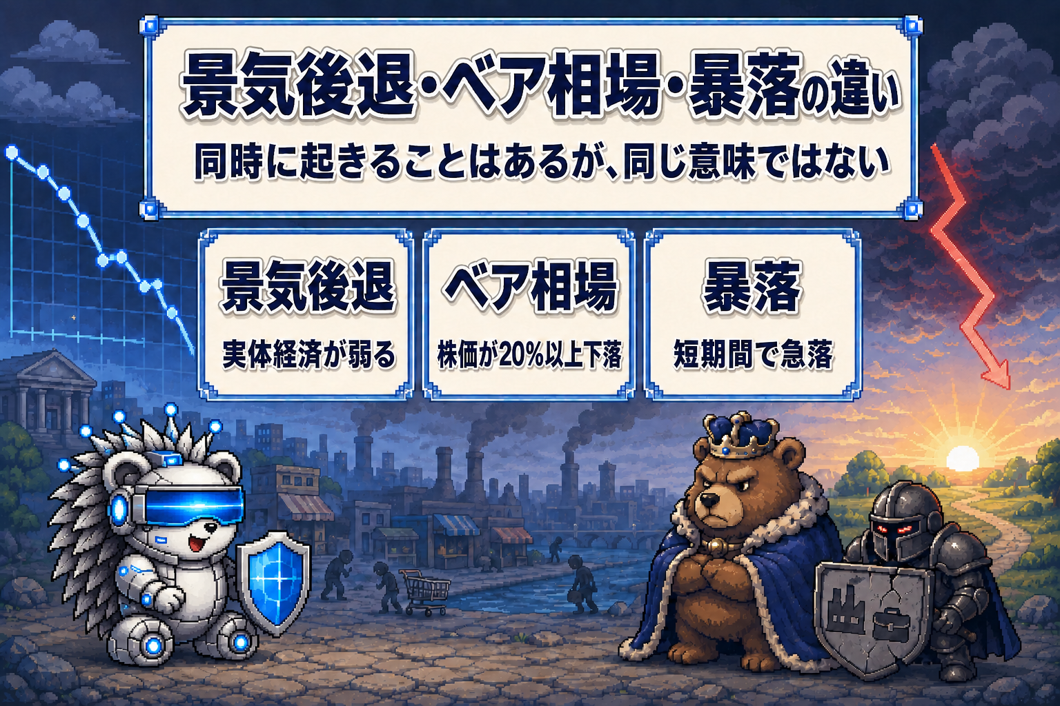 景気後退は実体経済の弱まり、ベア相場は株価の20％以上の下落、暴落は短期間の急落であることを示した図解