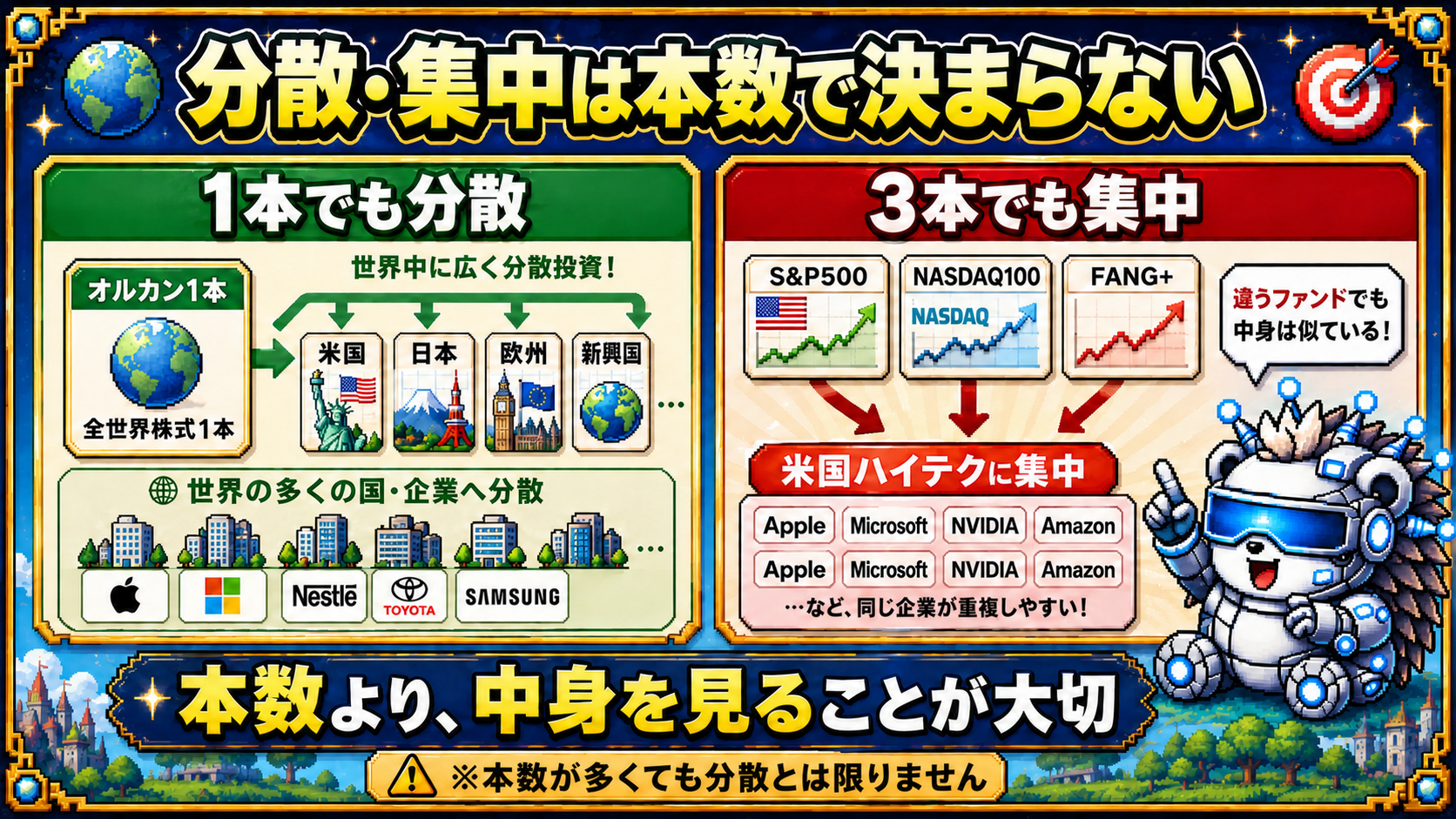 3つの異なる投資信託を持っていてもA社やB社など同じ上位企業が複数のファンドに重複して含まれ、見た目以上に集中投資になる例を示した図解