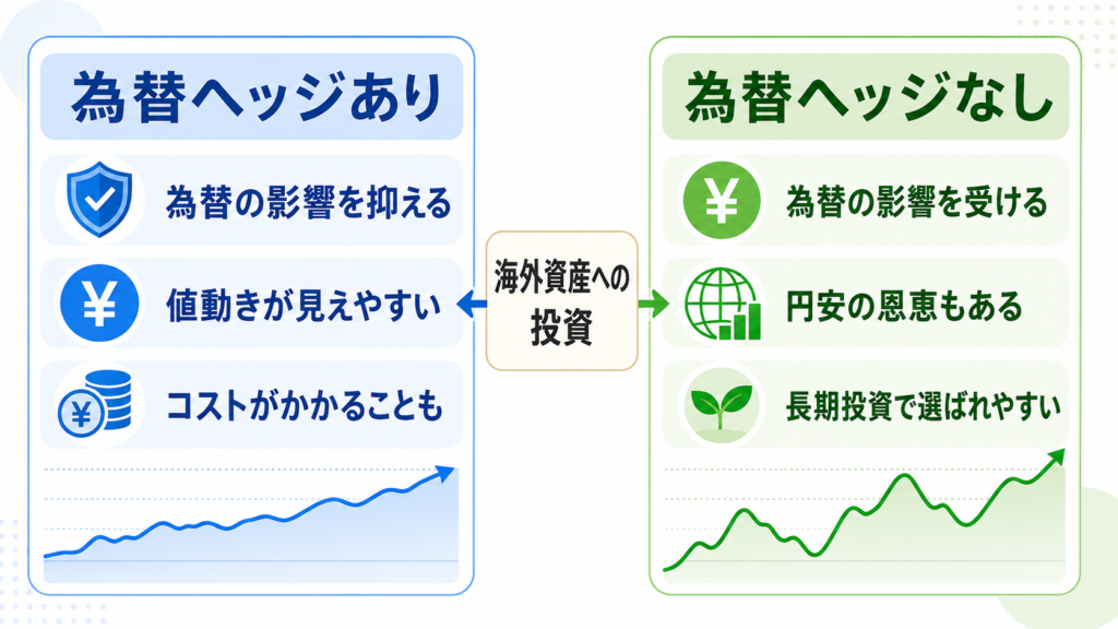 為替ヘッジありと為替ヘッジなしの違いを比較した図解。為替ヘッジありは為替の影響を抑え、為替ヘッジなしは円高・円安の影響を受けることを示している。