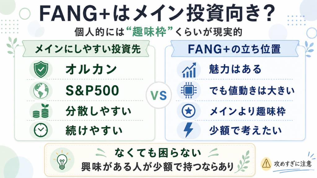 FANG+はメイン投資向きかを整理した図解。オルカンやS&P500は分散しやすく続けやすい土台向き、FANG+は魅力はあるものの値動きが大きく、趣味枠や少額投資向きとして紹介。