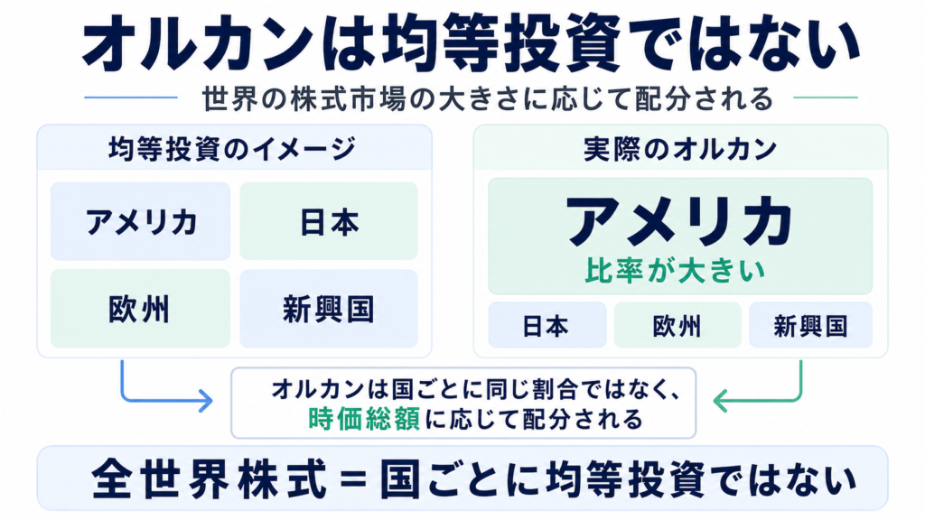 オルカンは国ごとに均等投資するのではなく、世界の株式市場の大きさに応じて配分されることを示した図解