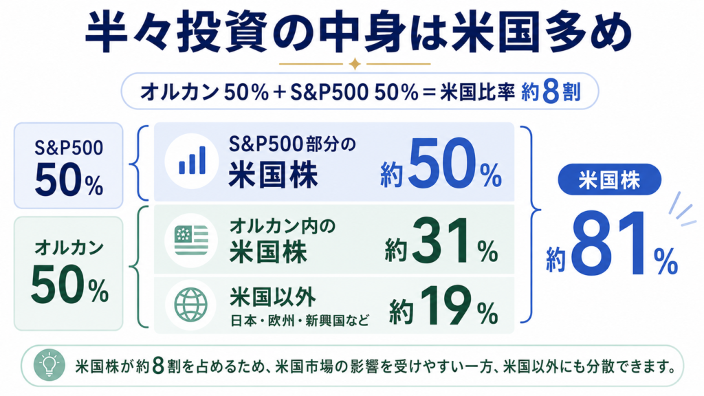 オルカンとS&P500を半々で投資した場合、米国株比率が約81%になることを示した図解