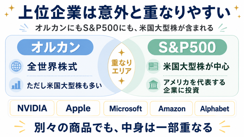 オルカンとS&P500の上位企業が一部重なりやすいことを示した図解