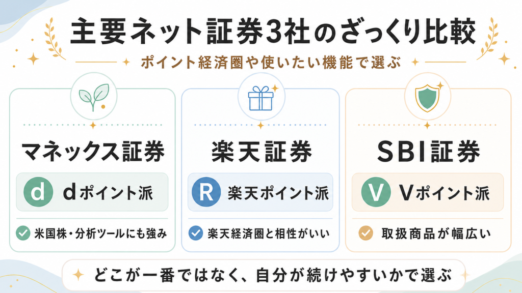 マネックス証券・楽天証券・SBI証券の違いを、ポイント経済圏や使いやすい機能で比較した図解