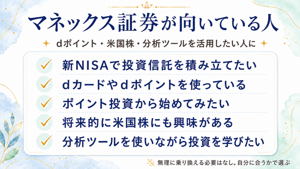 マネックス証券が向いている人を、新NISA・dポイント・ポイント投資・米国株・分析ツールの観点から整理したチェックリスト図解