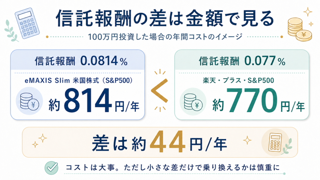 eMAXIS Slim 米国株式（S&P500）と楽天・プラス・S&P500の信託報酬を年間コストで比較した図解