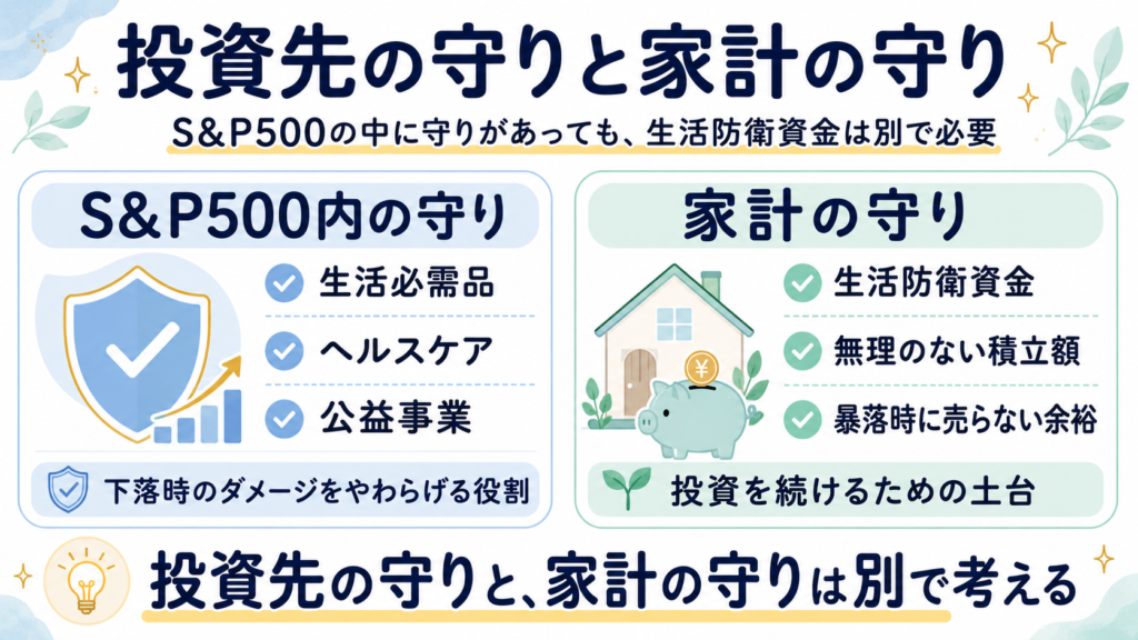 S&P500内の守りと家計の守りを比較した図解。生活必需品やヘルスケアなどの守り株とは別に、生活防衛資金や無理のない積立額が必要であることを示している。
