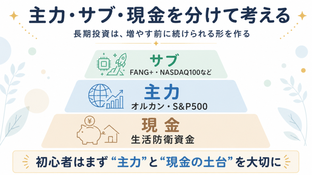 新NISAでは主力・サブ・現金を分けて考えることを示した図解。主力はオルカン・S&P500、サブはFANG+・NASDAQ100など、現金は生活防衛資金として整理している。