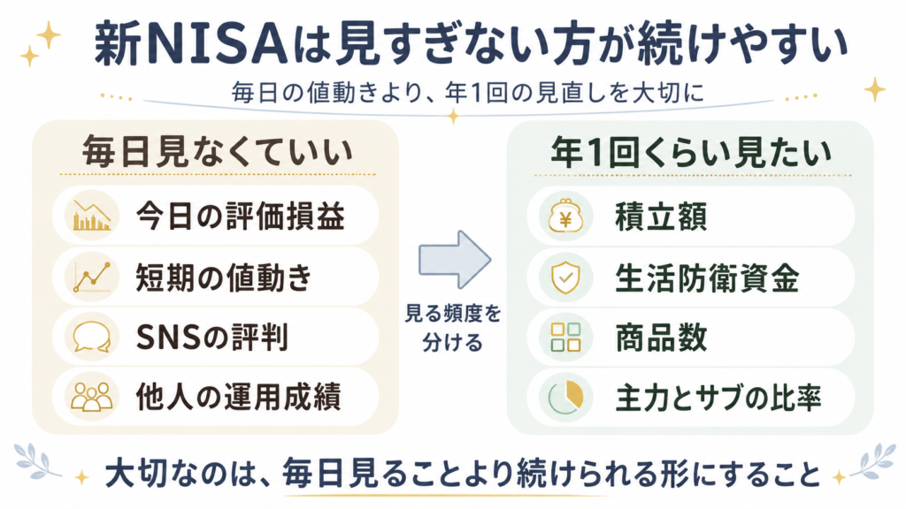 新NISAを始めたあとに毎日見なくていいものと年1回くらい見たいものを比較した図解。今日の評価損益、短期の値動き、SNSの評判、他人の運用成績は毎日見すぎず、積立額、生活防衛資金、商品数、主力とサブの比率は年1回程度確認する内容。