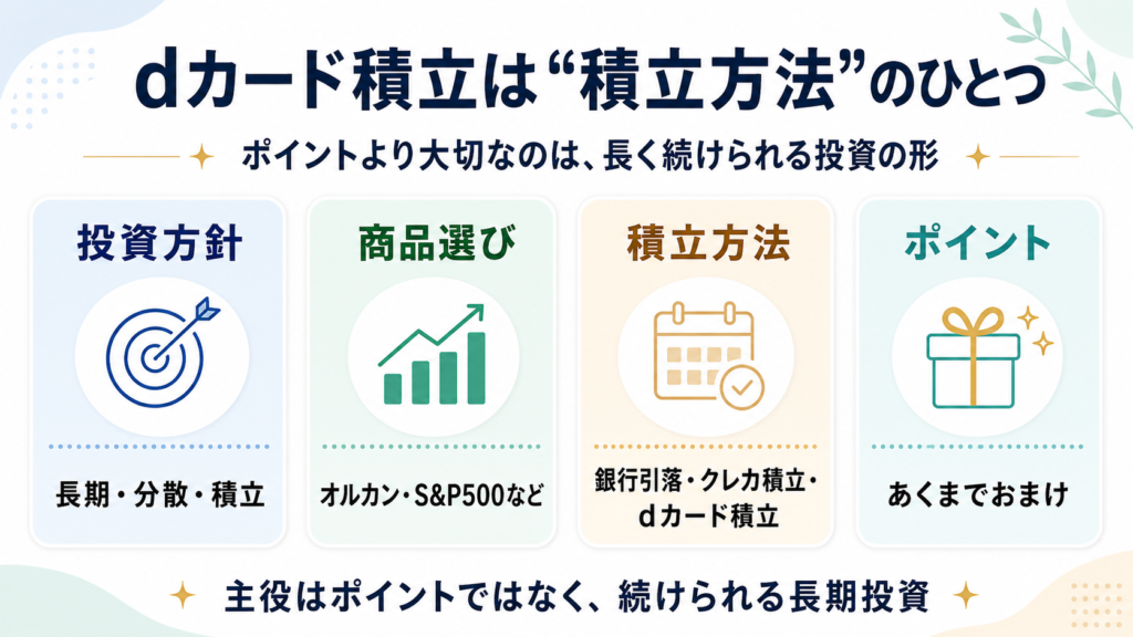 dカード積立は積立方法のひとつであり、投資方針・商品選び・積立方法・ポイントを分けて考える図解