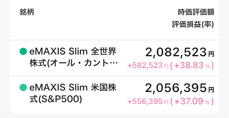 新NISA30か月目のつみたて投資枠の運用実績。オルカンとS&P500の評価額と評価損益。