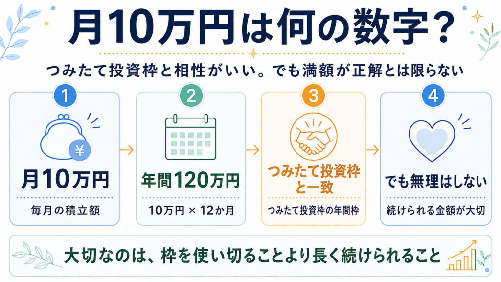 月10万円積立が年間120万円となり、新NISAのつみたて投資枠と一致することを示した図解