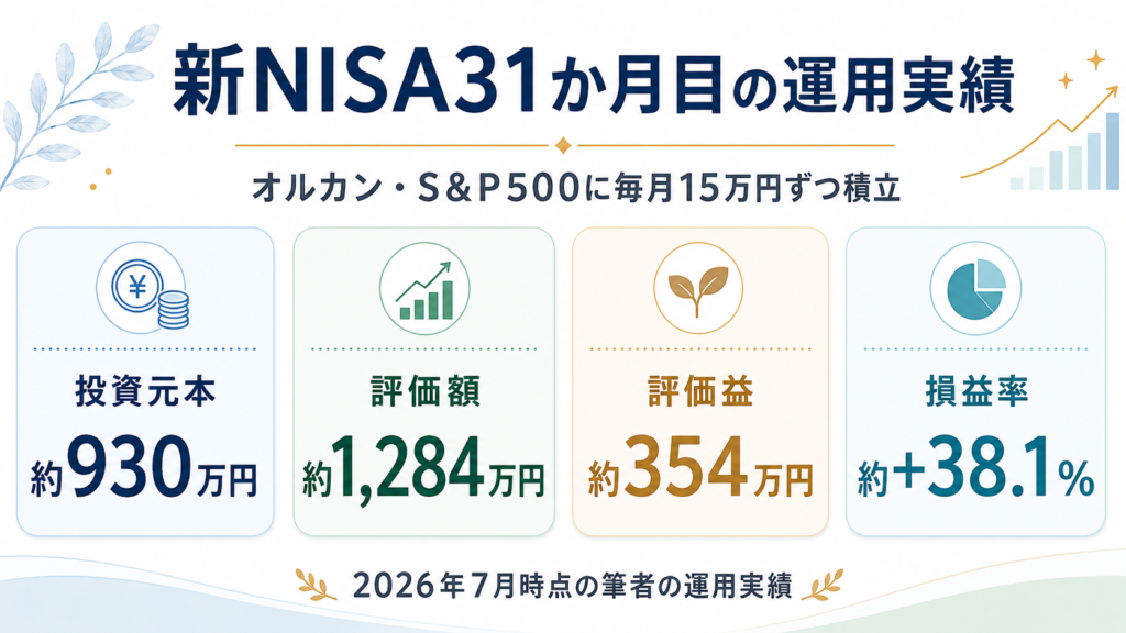 新NISA31か月目の運用実績。投資元本約930万円、評価額約1284万円、評価益約354万円、損益率約38.1%。