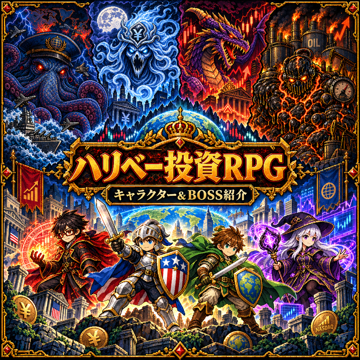 ハリベー投資RPG：ボス＆英雄の饗宴。冒険者と市場リスクBOSSが集うメインビジュアル